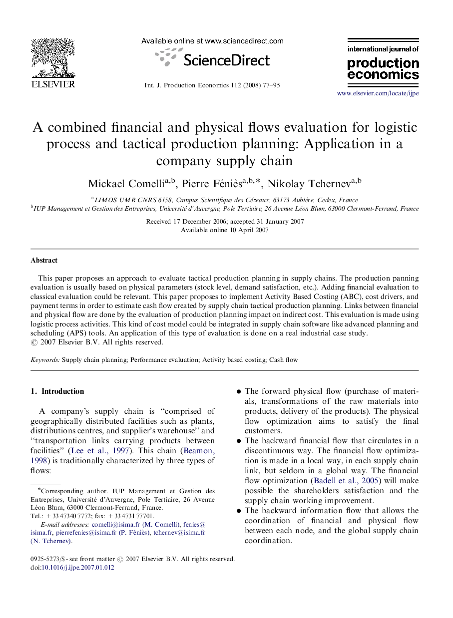 A combined financial and physical flows evaluation for logistic process and tactical production planning: Application in a company supply chain