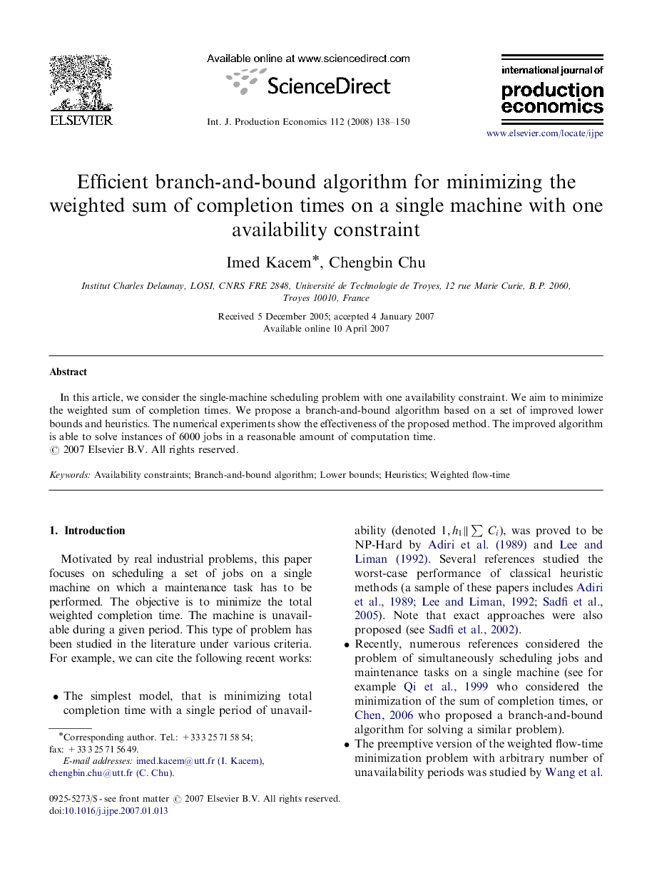 Efficient branch-and-bound algorithm for minimizing the weighted sum of completion times on a single machine with one availability constraint