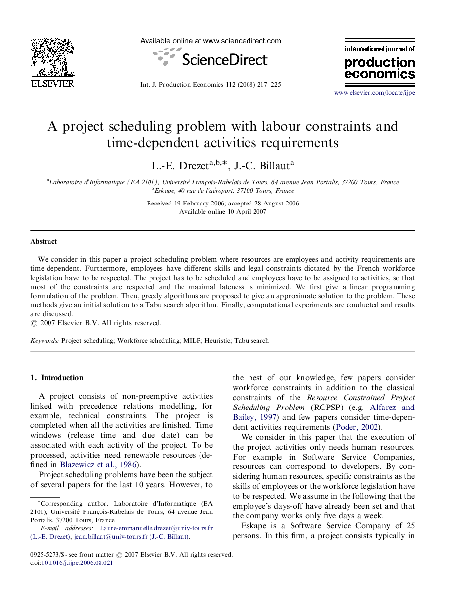 A project scheduling problem with labour constraints and time-dependent activities requirements