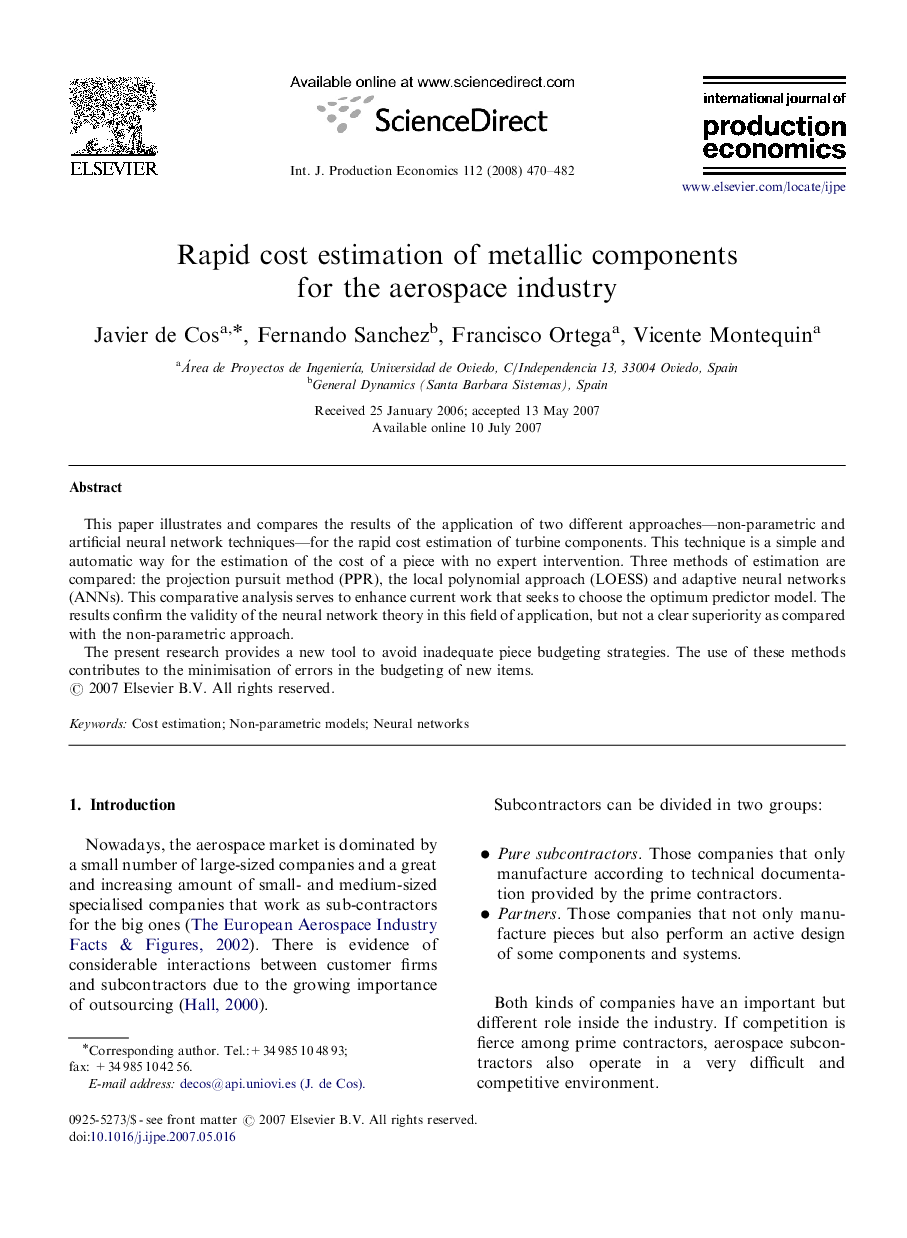 Rapid cost estimation of metallic components for the aerospace industry