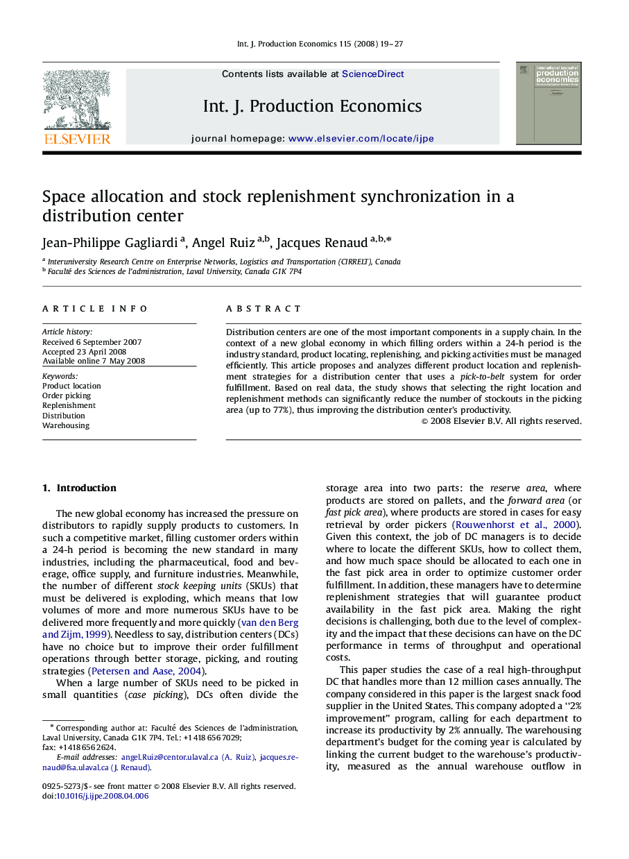 Space allocation and stock replenishment synchronization in a distribution center