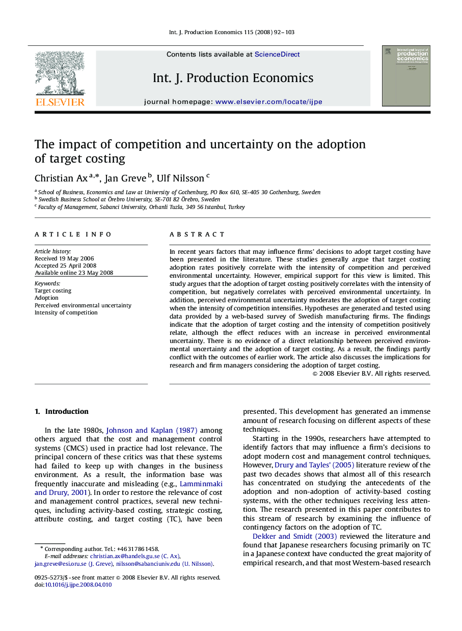 The impact of competition and uncertainty on the adoption of target costing