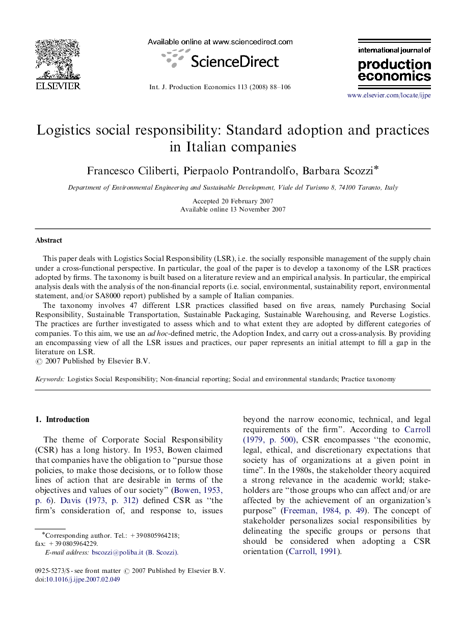 عکس صفحه اول مقاله: Logistics social responsibility: Standard adoption and practices in Italian companies Logistics social responsibility: Standard adoption and practices in Italian companies