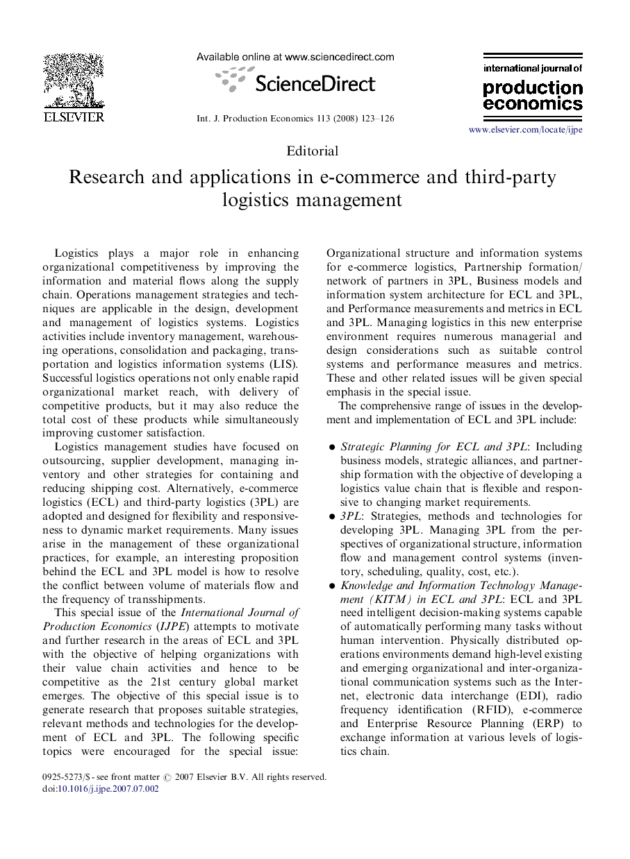 Research and applications in e-commerce and third-party logistics management