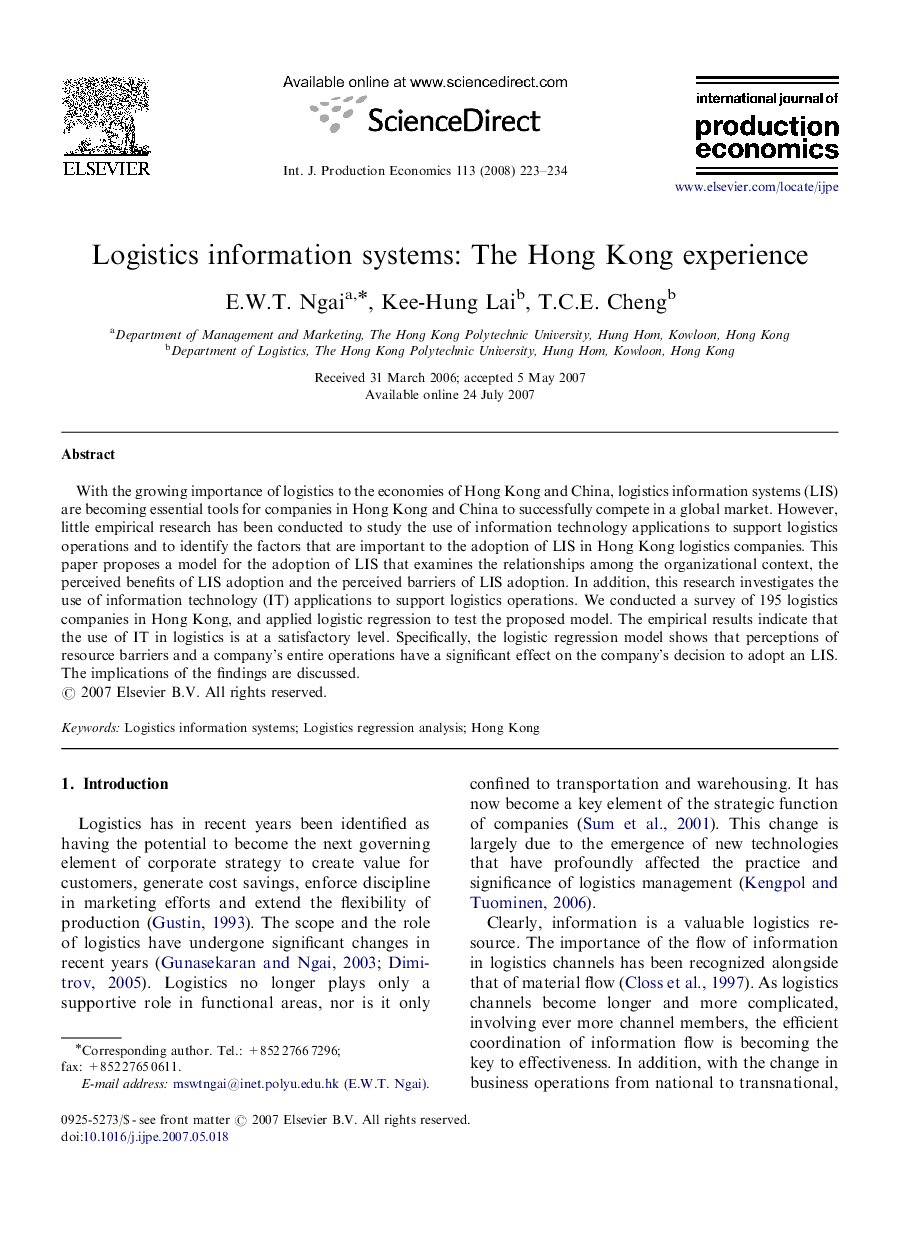 Logistics information systems: The Hong Kong experience