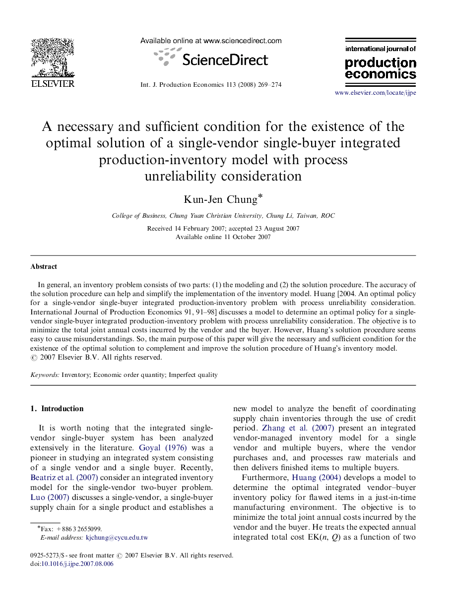 A necessary and sufficient condition for the existence of the optimal solution of a single-vendor single-buyer integrated production-inventory model with process unreliability consideration