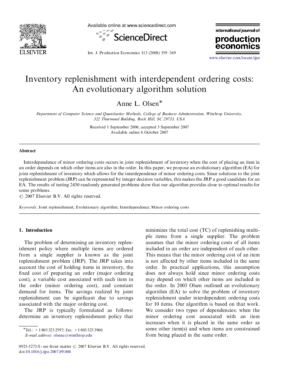 Inventory replenishment with interdependent ordering costs: An evolutionary algorithm solution