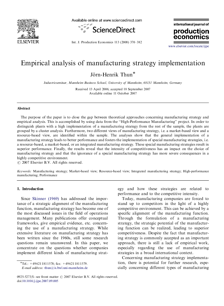 Empirical analysis of manufacturing strategy implementation