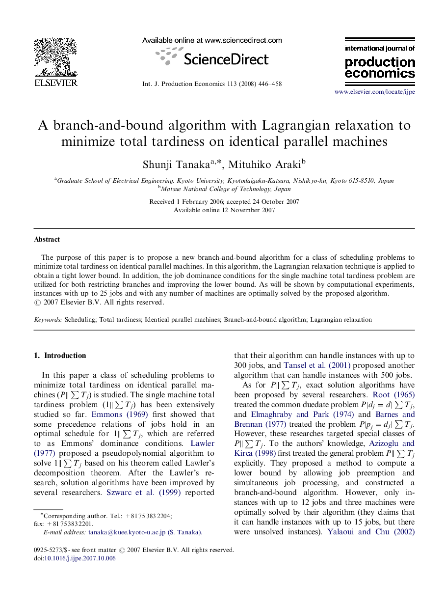 A branch-and-bound algorithm with Lagrangian relaxation to minimize total tardiness on identical parallel machines