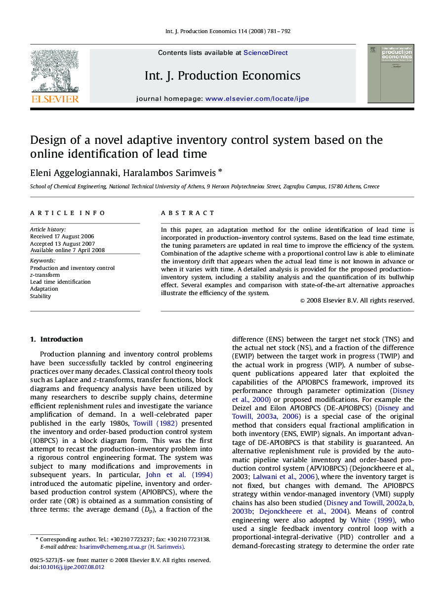 Design of a novel adaptive inventory control system based on the online identification of lead time