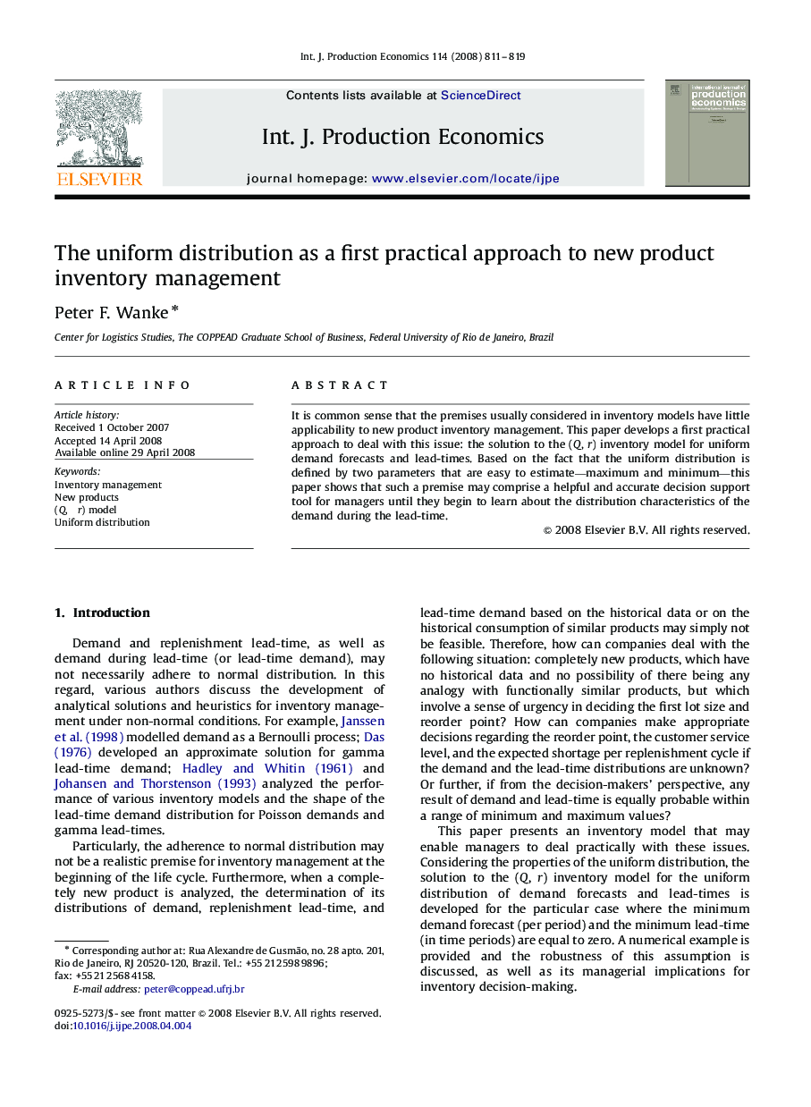 عکس صفحه اول مقاله: The uniform distribution as a first practical approach to new product inventory management The uniform distribution as a first practical approach to new product inventory management