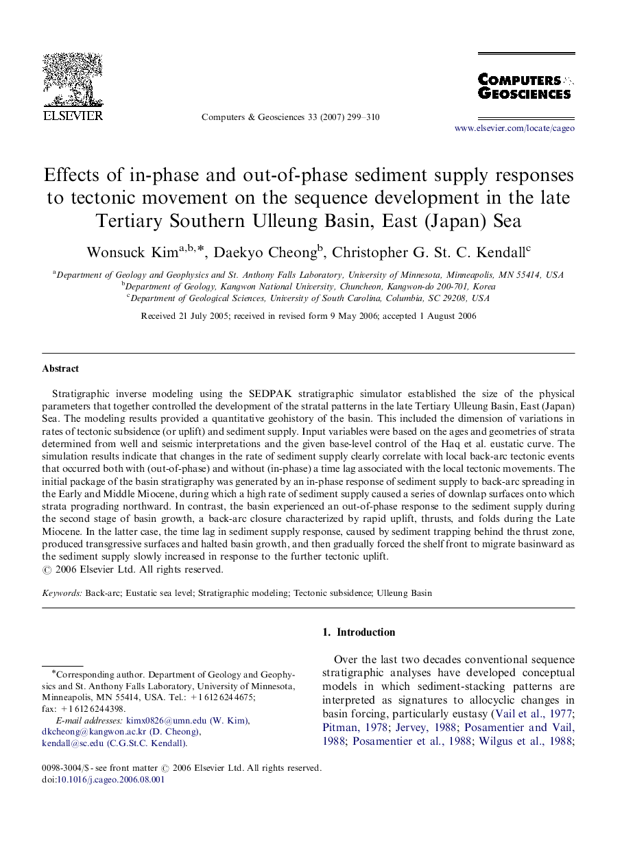 Effects of in-phase and out-of-phase sediment supply responses to tectonic movement on the sequence development in the late Tertiary Southern Ulleung Basin, East (Japan) Sea