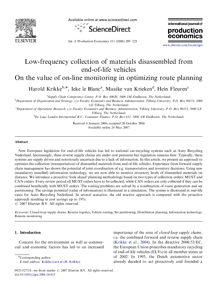 Low-frequency collection of materials disassembled from end-of-life vehicles