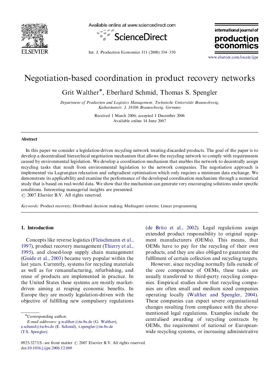 Negotiation-based coordination in product recovery networks