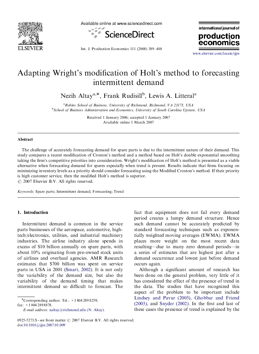 Adapting Wright's modification of Holt's method to forecasting intermittent demand