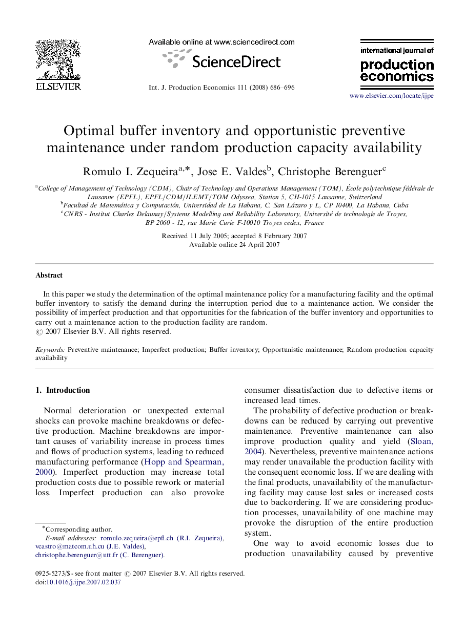 Optimal buffer inventory and opportunistic preventive maintenance under random production capacity availability