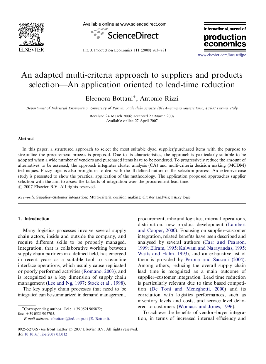 An adapted multi-criteria approach to suppliers and products selection-An application oriented to lead-time reduction