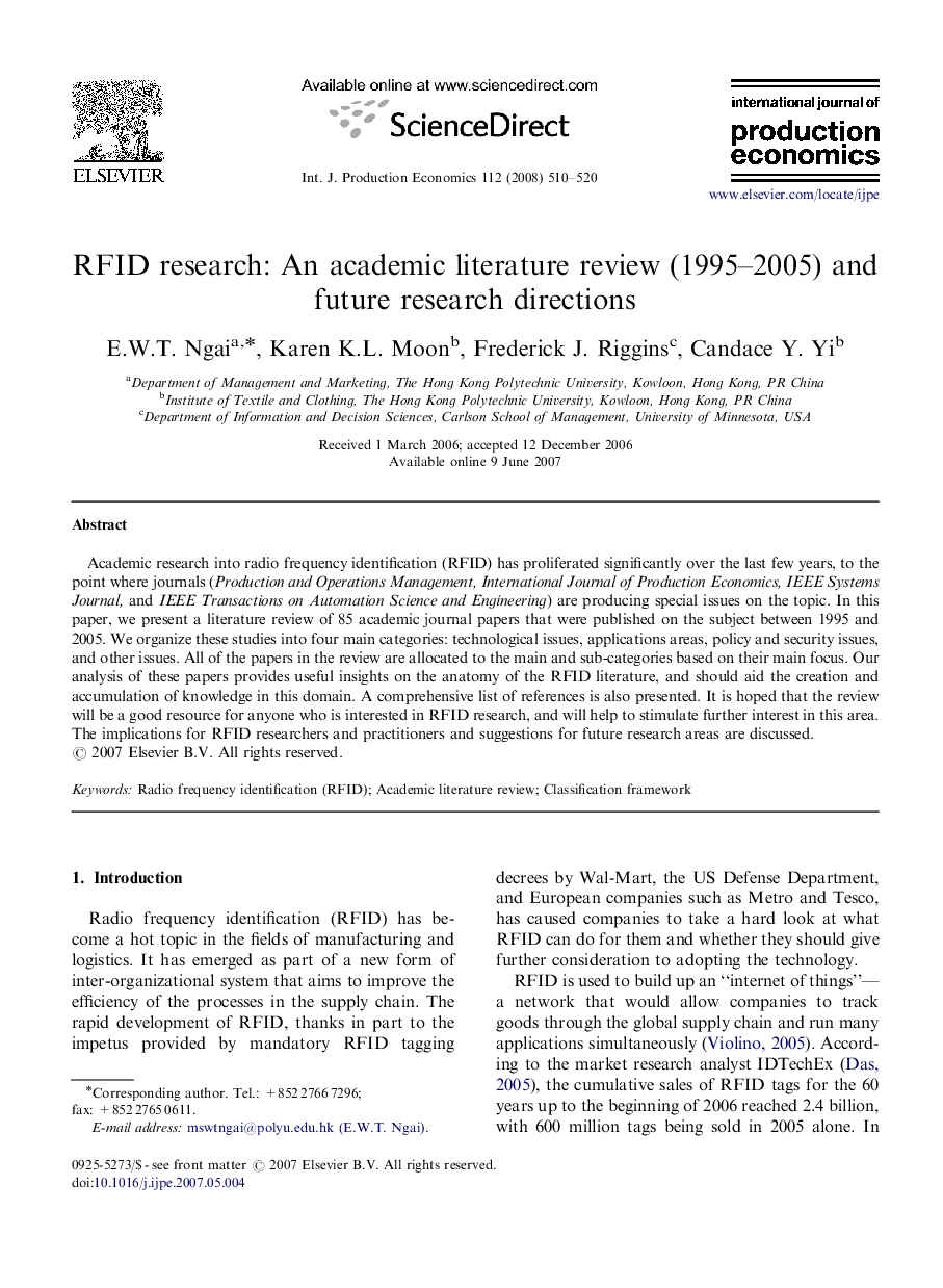 RFID research: An academic literature review (1995-2005) and future research directions