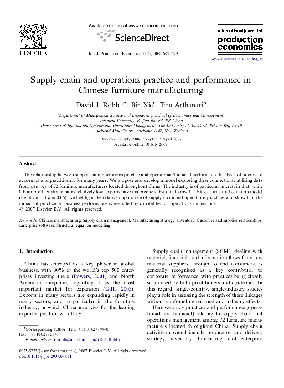 Supply chain and operations practice and performance in Chinese furniture manufacturing