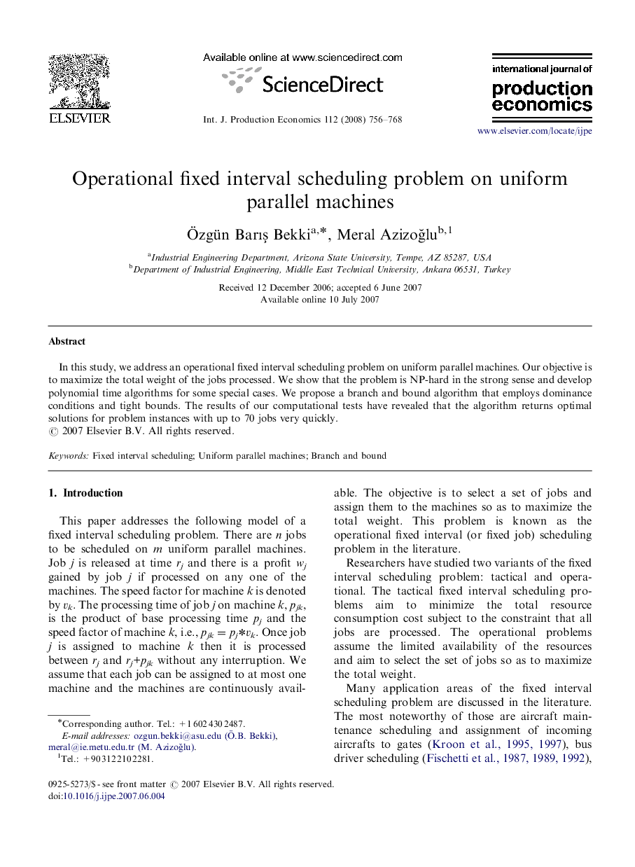 Operational fixed interval scheduling problem on uniform parallel machines