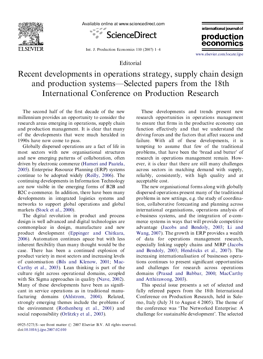 Recent developments in operations strategy, supply chain design and production systems-Selected papers from the 18th International Conference on Production Research