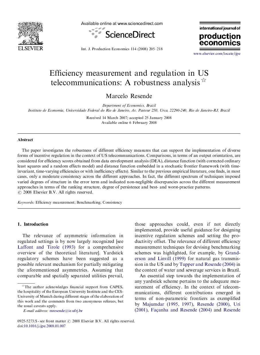 Efficiency measurement and regulation in US telecommunications: A robustness analysis