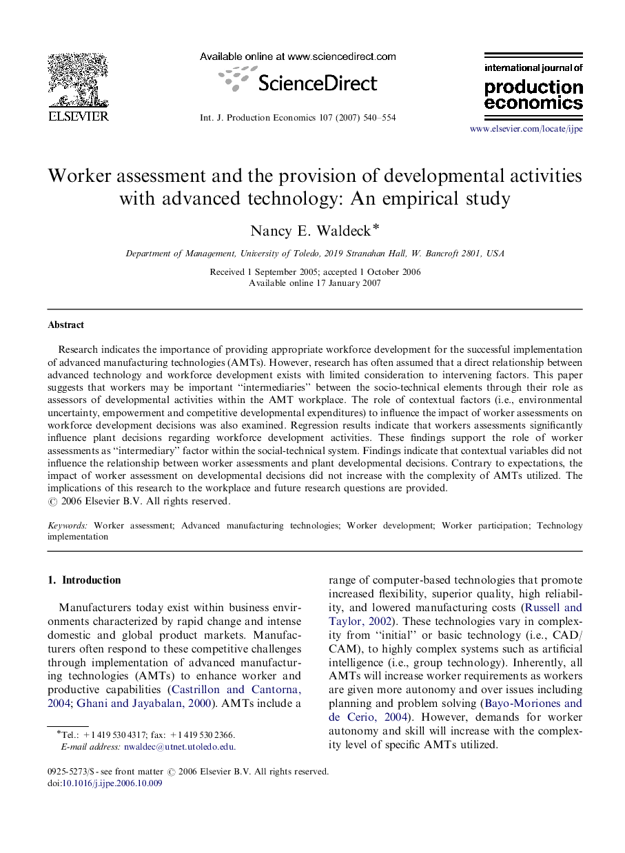 Worker assessment and the provision of developmental activities with advanced technology: An empirical study