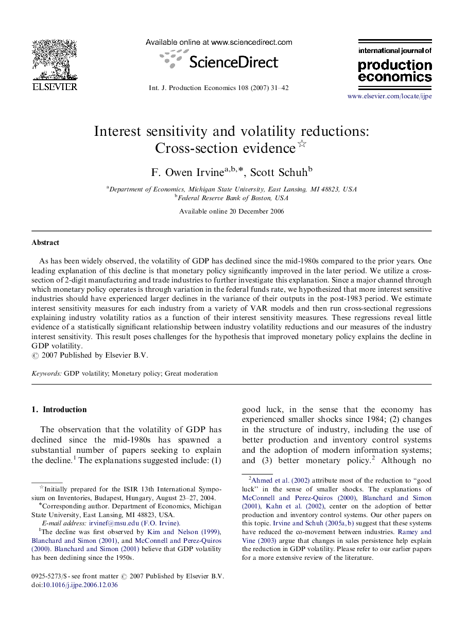 Interest sensitivity and volatility reductions: Cross-section evidence