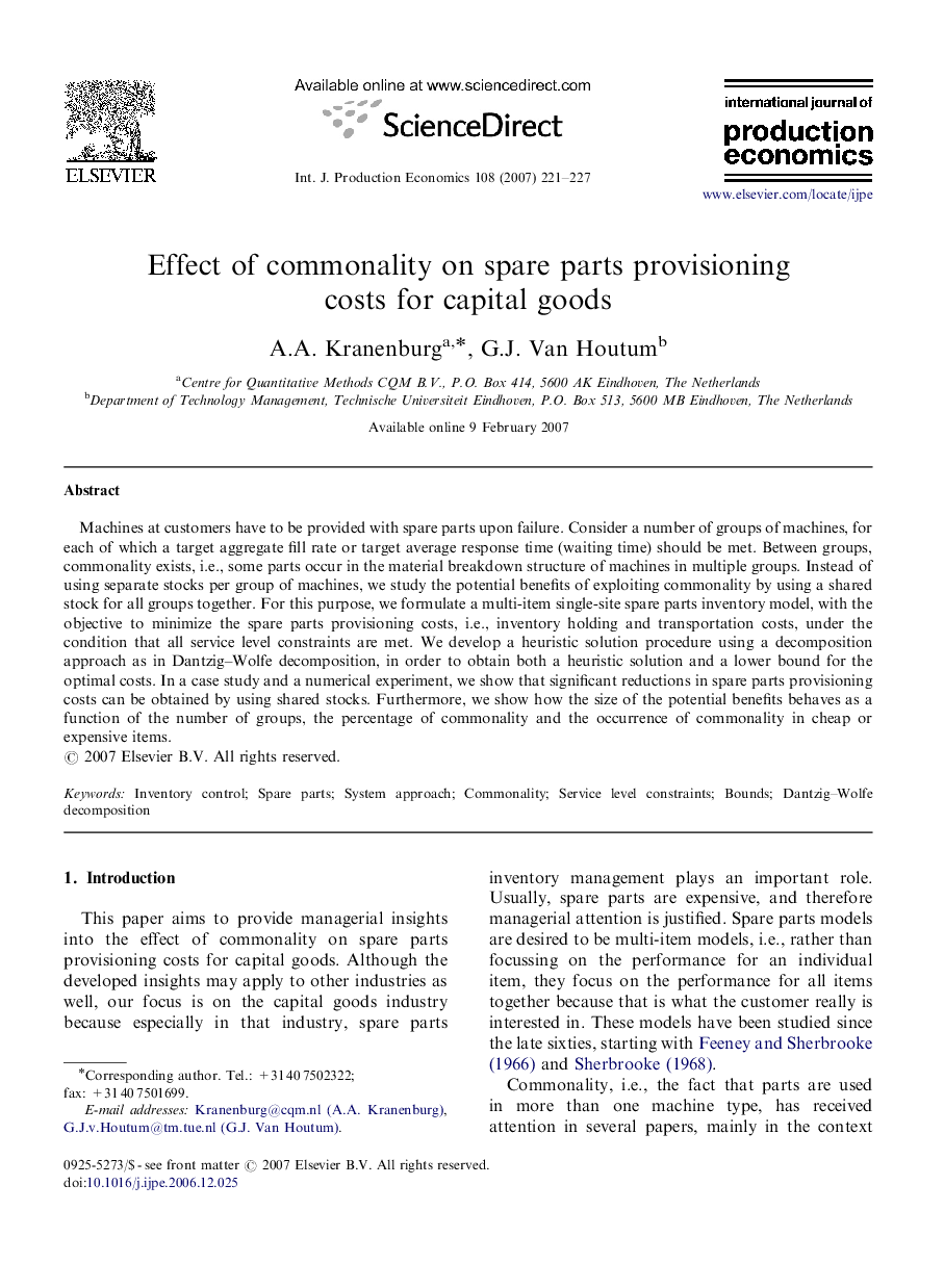 Effect of commonality on spare parts provisioning costs for capital goods