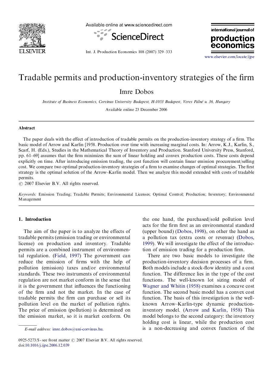 Tradable permits and production-inventory strategies of the firm