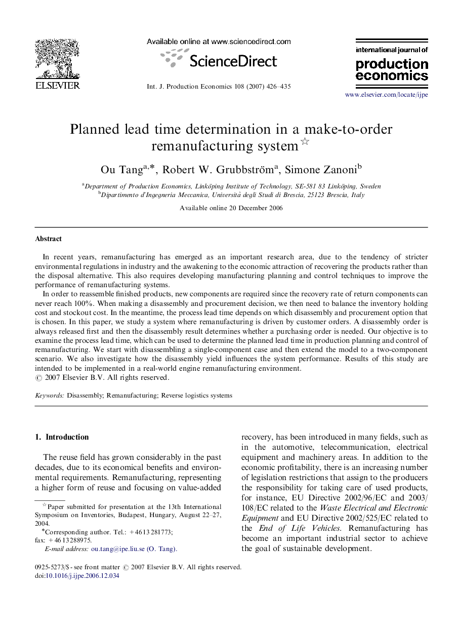 Planned lead time determination in a make-to-order remanufacturing system