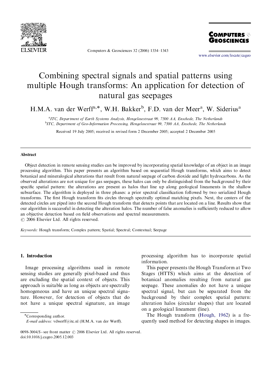 Combining spectral signals and spatial patterns using multiple Hough transforms: An application for detection of natural gas seepages