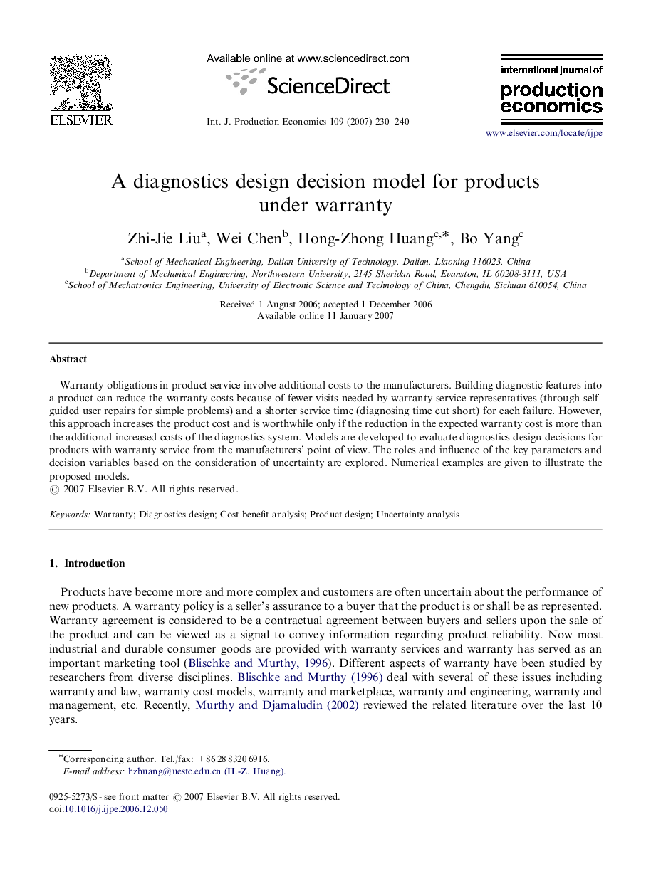 A diagnostics design decision model for products under warranty