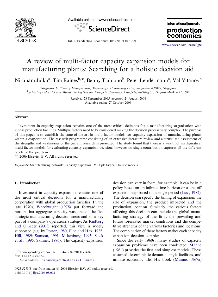 A review of multi-factor capacity expansion models for manufacturing plants: Searching for a holistic decision aid