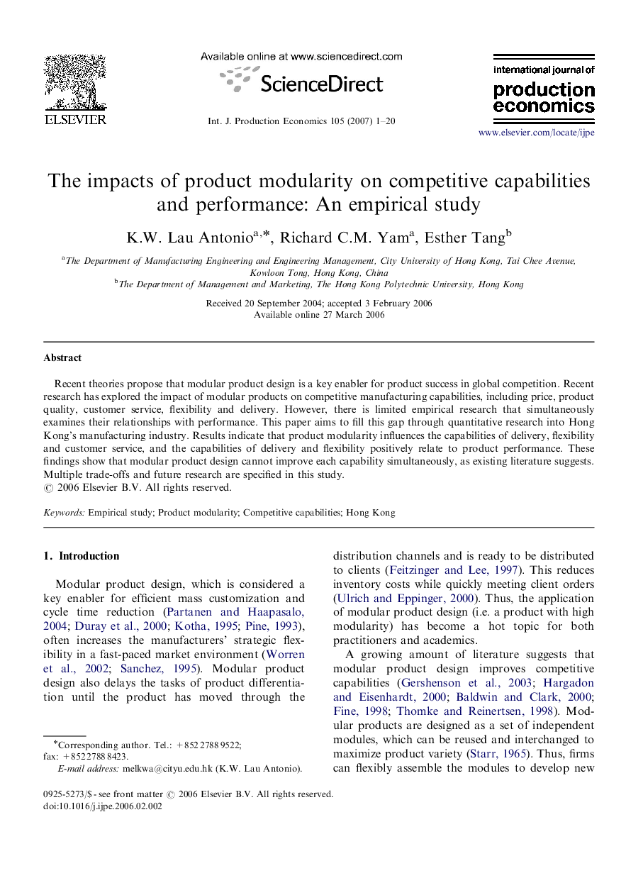 The impacts of product modularity on competitive capabilities and performance: An empirical study