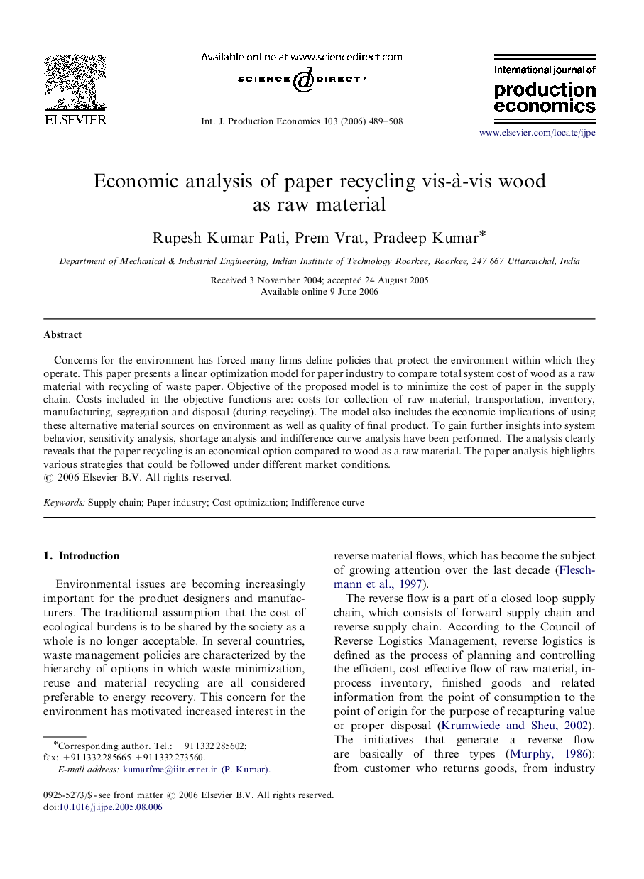 Economic analysis of paper recycling vis-Ã -vis wood as raw material