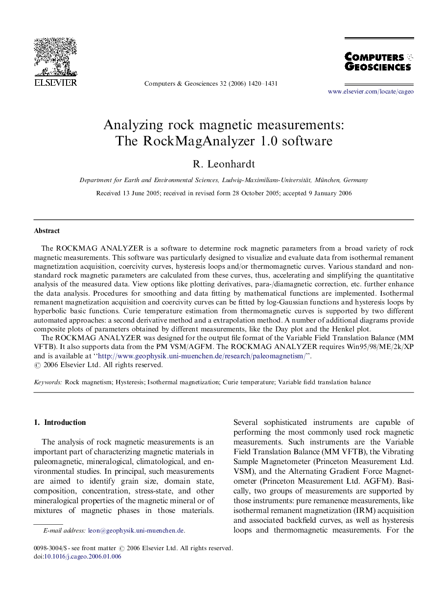 Analyzing rock magnetic measurements: The RockMagAnalyzer 1.0 software