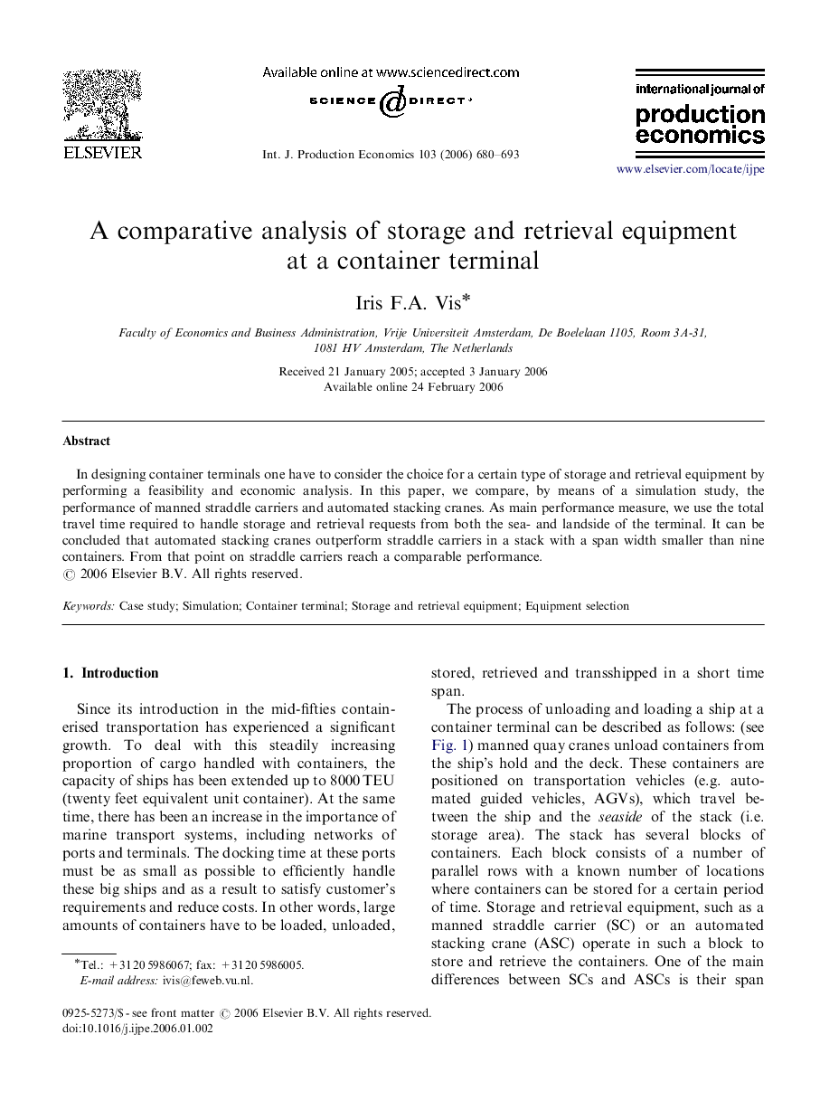 A comparative analysis of storage and retrieval equipment at a container terminal