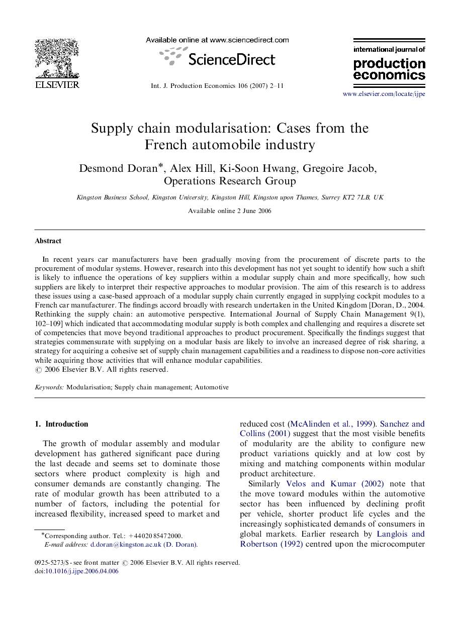 Supply chain modularisation: Cases from the French automobile industry