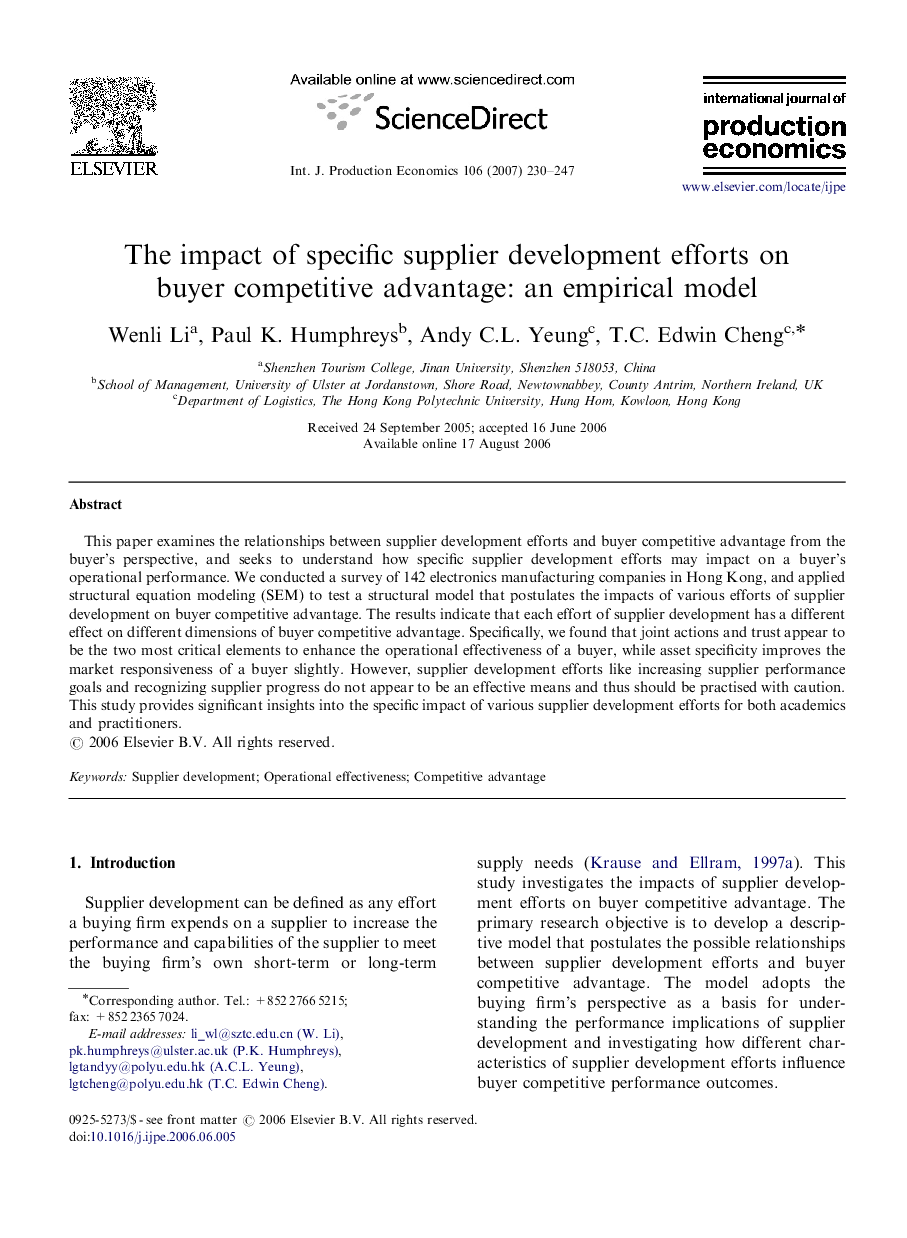 The impact of specific supplier development efforts on buyer competitive advantage: an empirical model