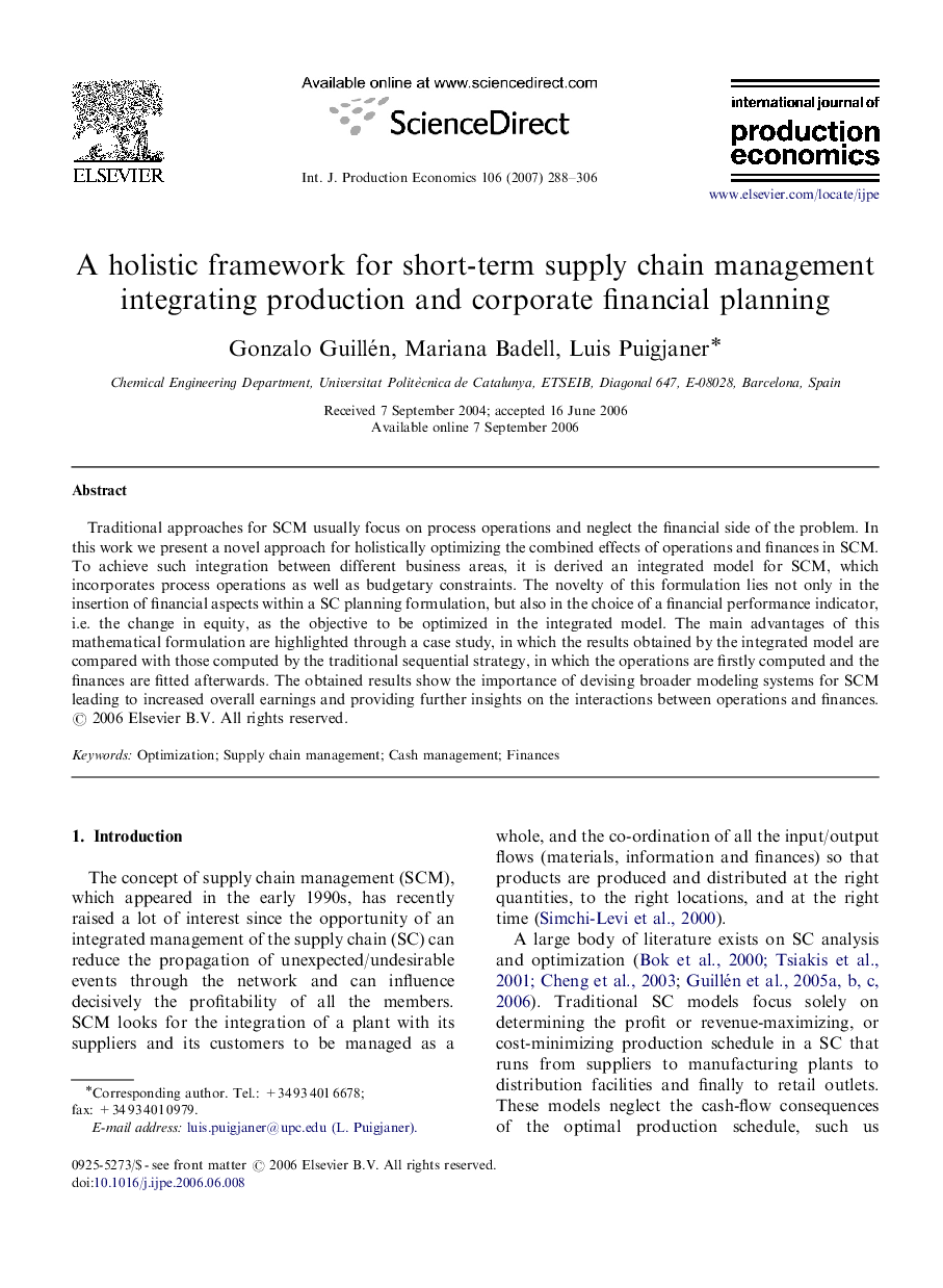 A holistic framework for short-term supply chain management integrating production and corporate financial planning