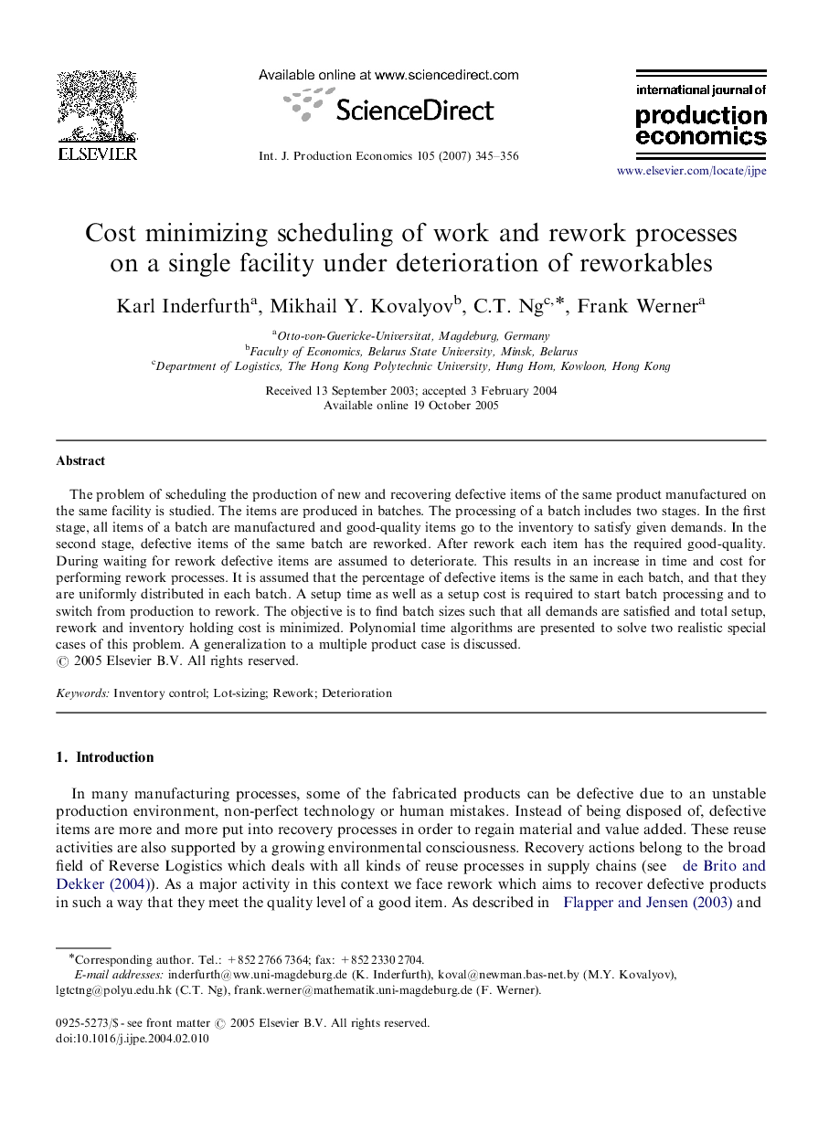 Cost minimizing scheduling of work and rework processes on a single facility under deterioration of reworkables