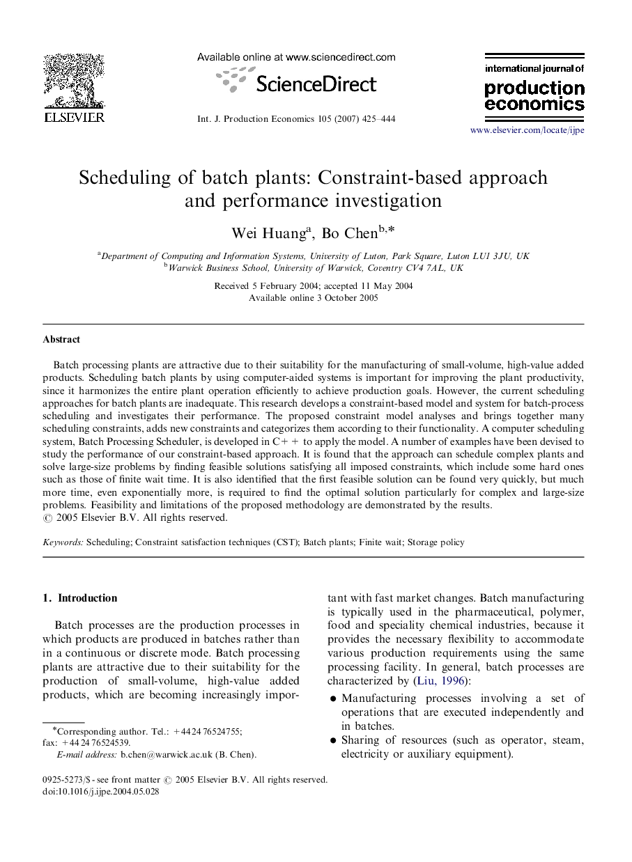 Scheduling of batch plants: Constraint-based approach and performance investigation