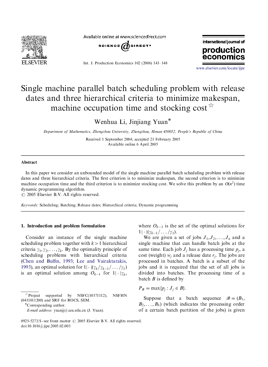 Single machine parallel batch scheduling problem with release dates and three hierarchical criteria to minimize makespan, machine occupation time and stocking cost