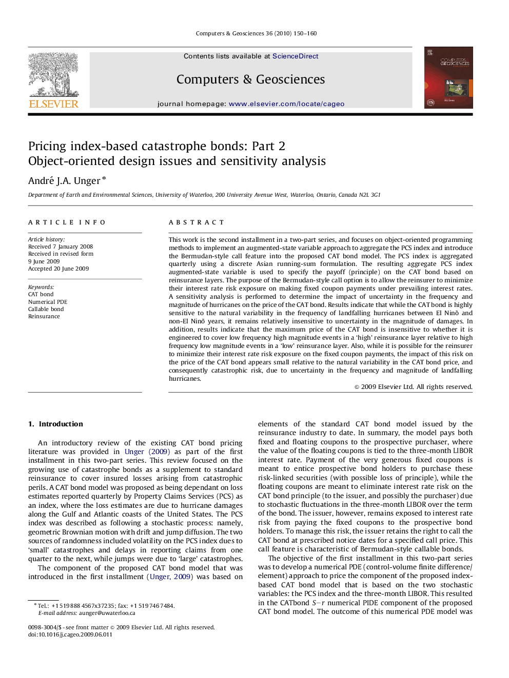 Pricing index-based catastrophe bonds: Part 2: Object-oriented design issues and sensitivity analysis