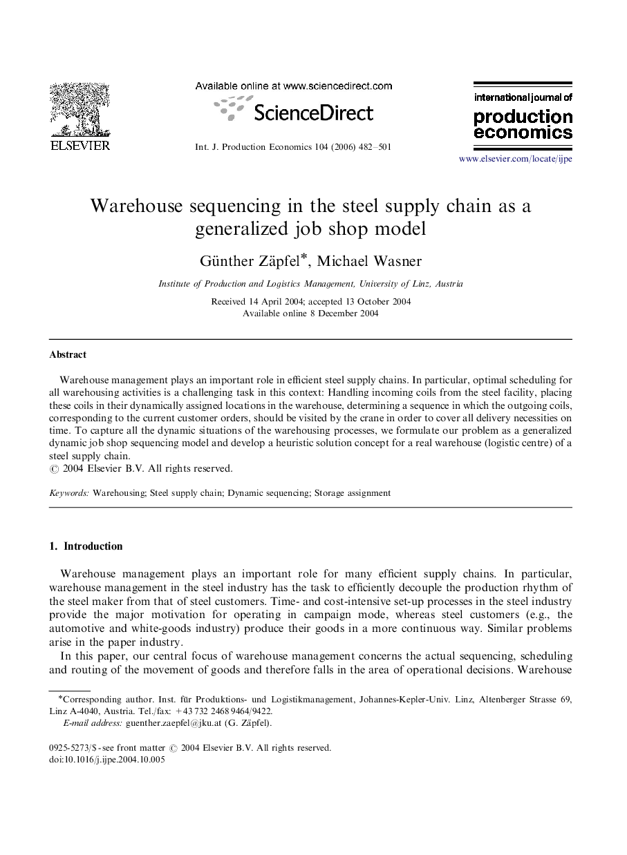 Warehouse sequencing in the steel supply chain as a generalized job shop model