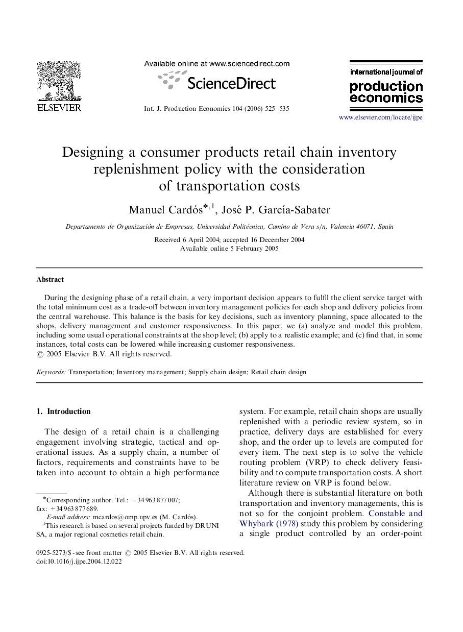 Designing a consumer products retail chain inventory replenishment policy with the consideration of transportation costs