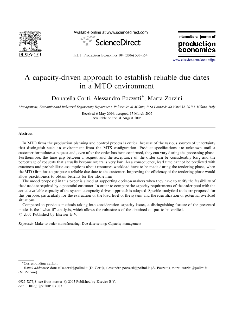 A capacity-driven approach to establish reliable due dates in a MTO environment