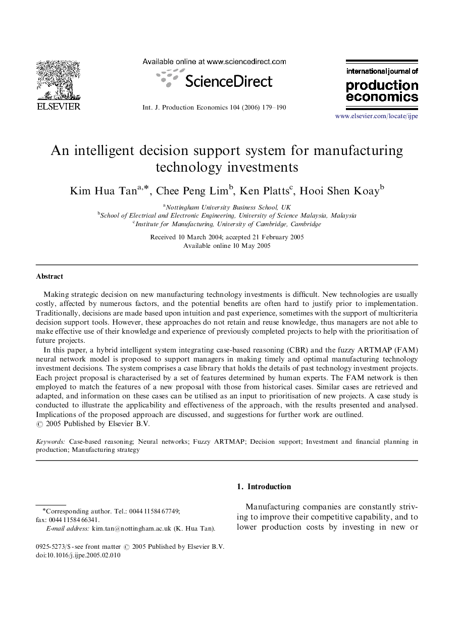An intelligent decision support system for manufacturing technology investments