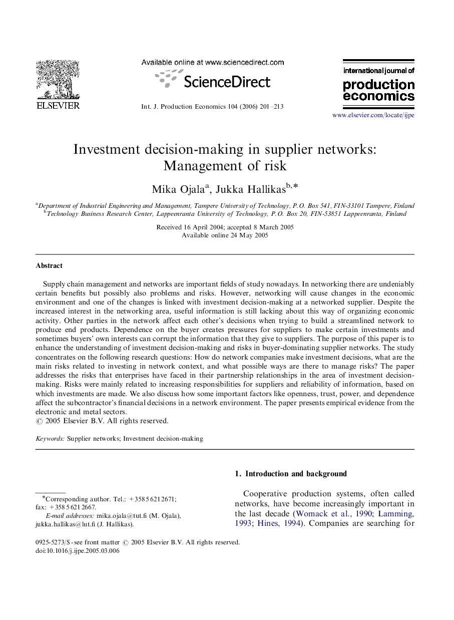 Investment decision-making in supplier networks: Management of risk